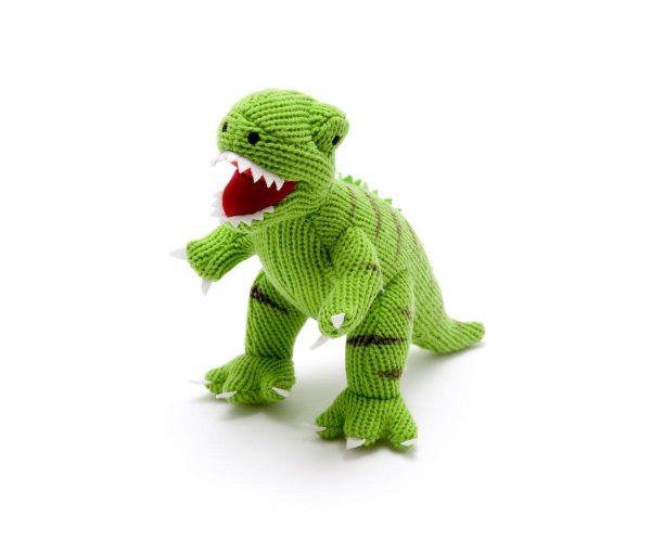 Green knitted t-rex soft toy
