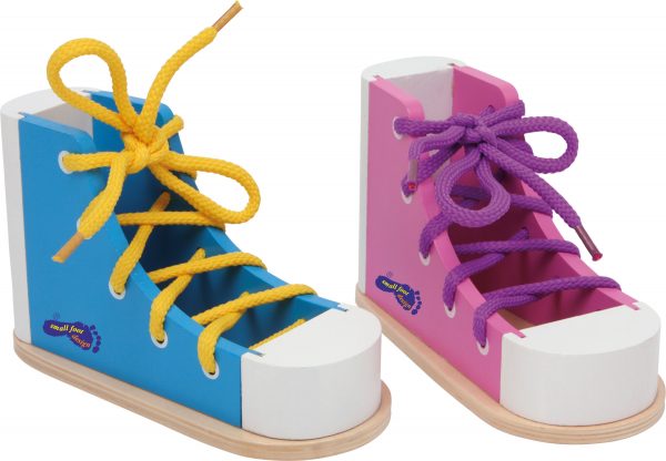 Learn how to tie shoe laces with a wooden threading shoe